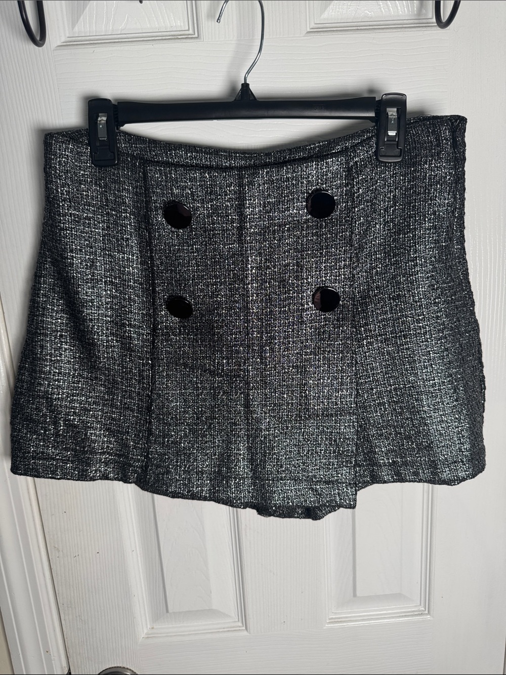 iris Metallic Black Tweed Mini Skort with Double Buttons